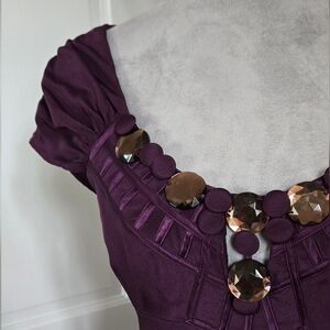 Nanette Lepore 100% silk purple shift dress copper gem & scarf accents sz 2